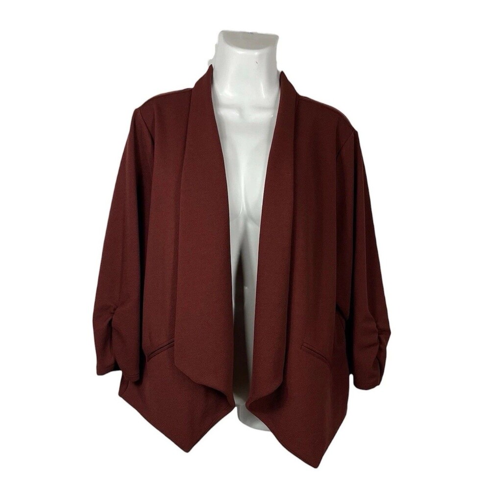 Maurices Open Draped Blazer Large Burgundy Rust Ruched 3/4 Sleeve Crepe Jacket